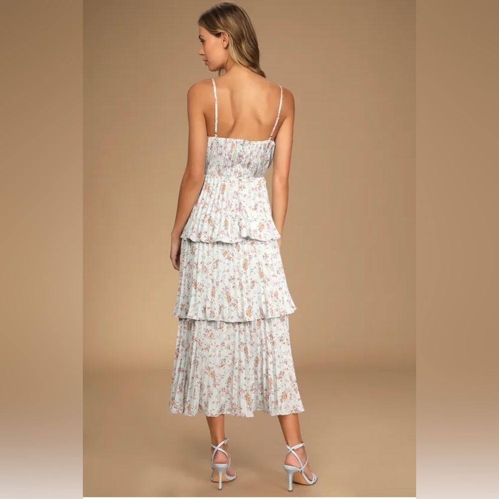 Lulus Cascading Crush Pale Blue Floral Print Tiered Bustier Midi Dress-Small - Picture 4 of 16